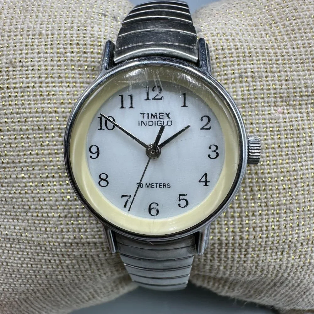 3/$30 Timex Indiglo Watch Women Silver White Dial Stretch Band 23MM Works 6